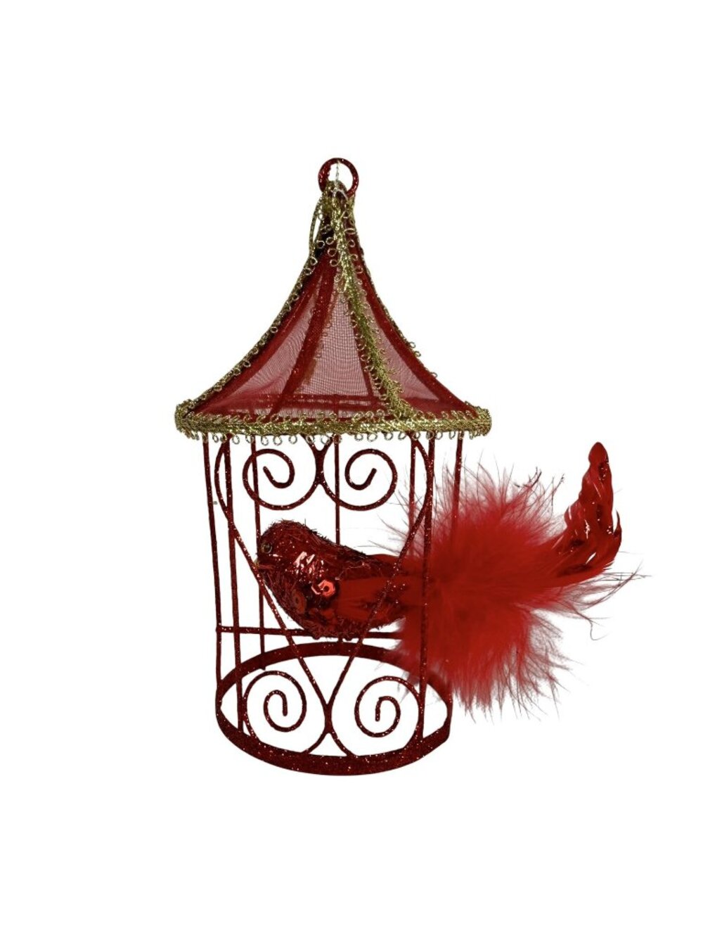 Pier 1 Red Bird Cardinal In Birdcage Sequin Glitter Ornament Feathers 6”